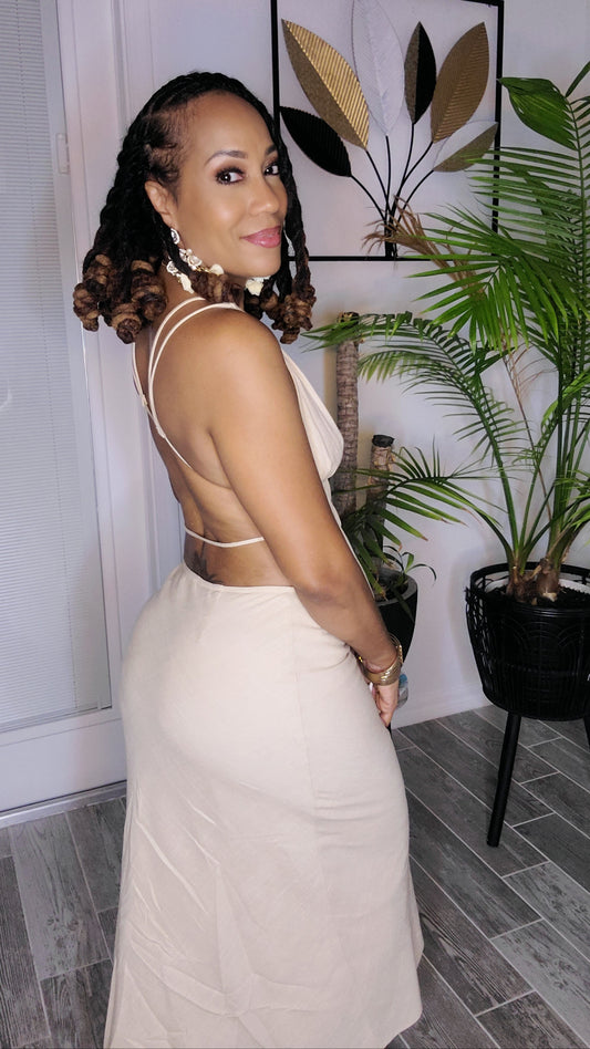 Sahara Desert Linen Skirt Set – Halter Crop Top with String Back & Midi Skirt with Thigh Slit Beige