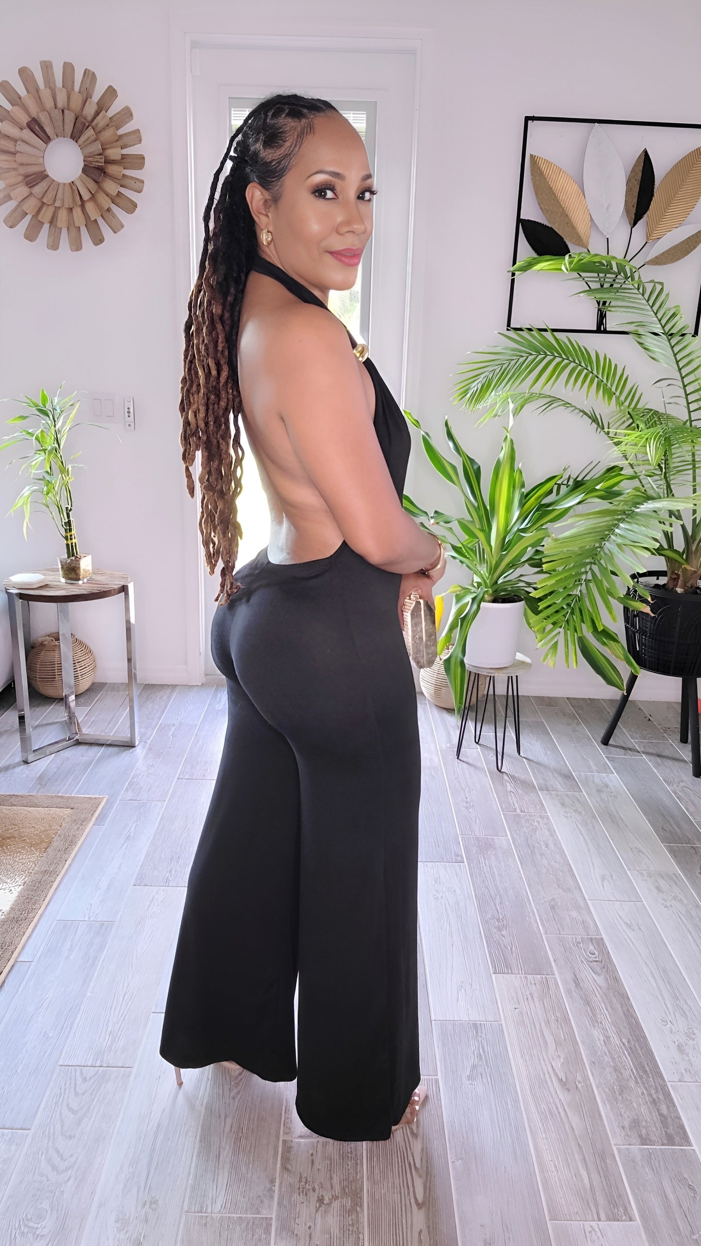 Act Like You Know Black Halter Jumpsuit – Low Cut Backless Wide Leg with Gold Trim