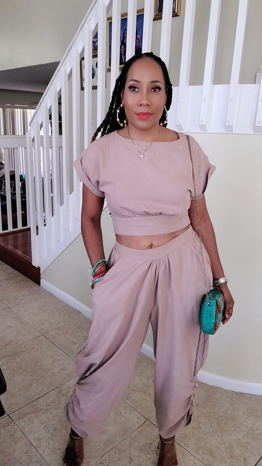 Madrid Harem Pant Set – Cropped Ribbon Tie-Back Top & High-Waist Harem Pants| Latte