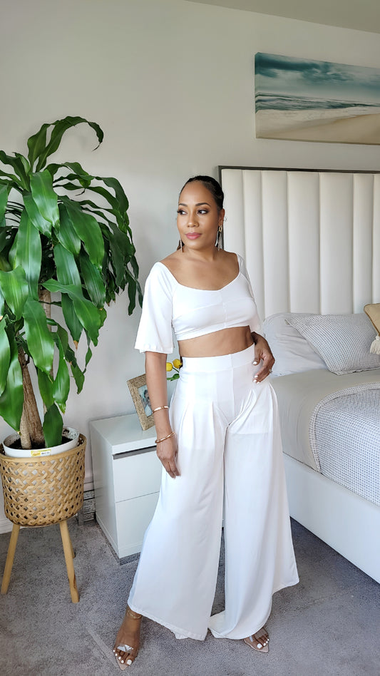 Set Sale Wide Leg Pant Set – Crop V-Neck Top with Tie Back & Pleated Wide Leg Pants