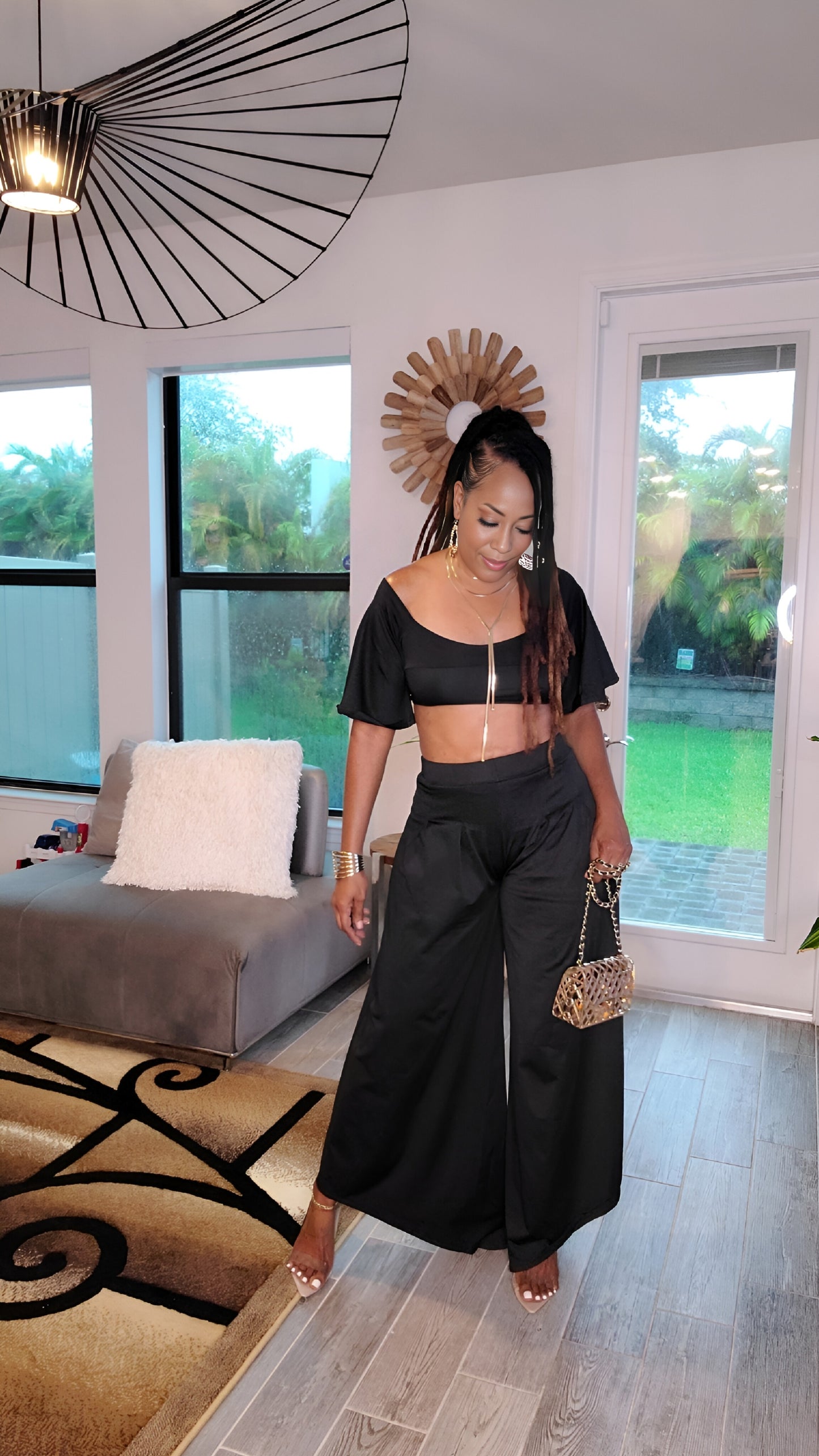 Set Sale Wide Leg Pant Set – Crop V-Neck Top with Tie Back & Pleated Wide Leg Pants