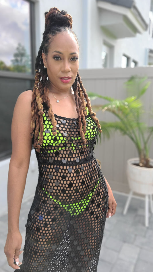 Let’s Go to Bali Sequin Crochet Cover-Up Midi Dress – Sleeveless with Side Slit (Black & Orange)