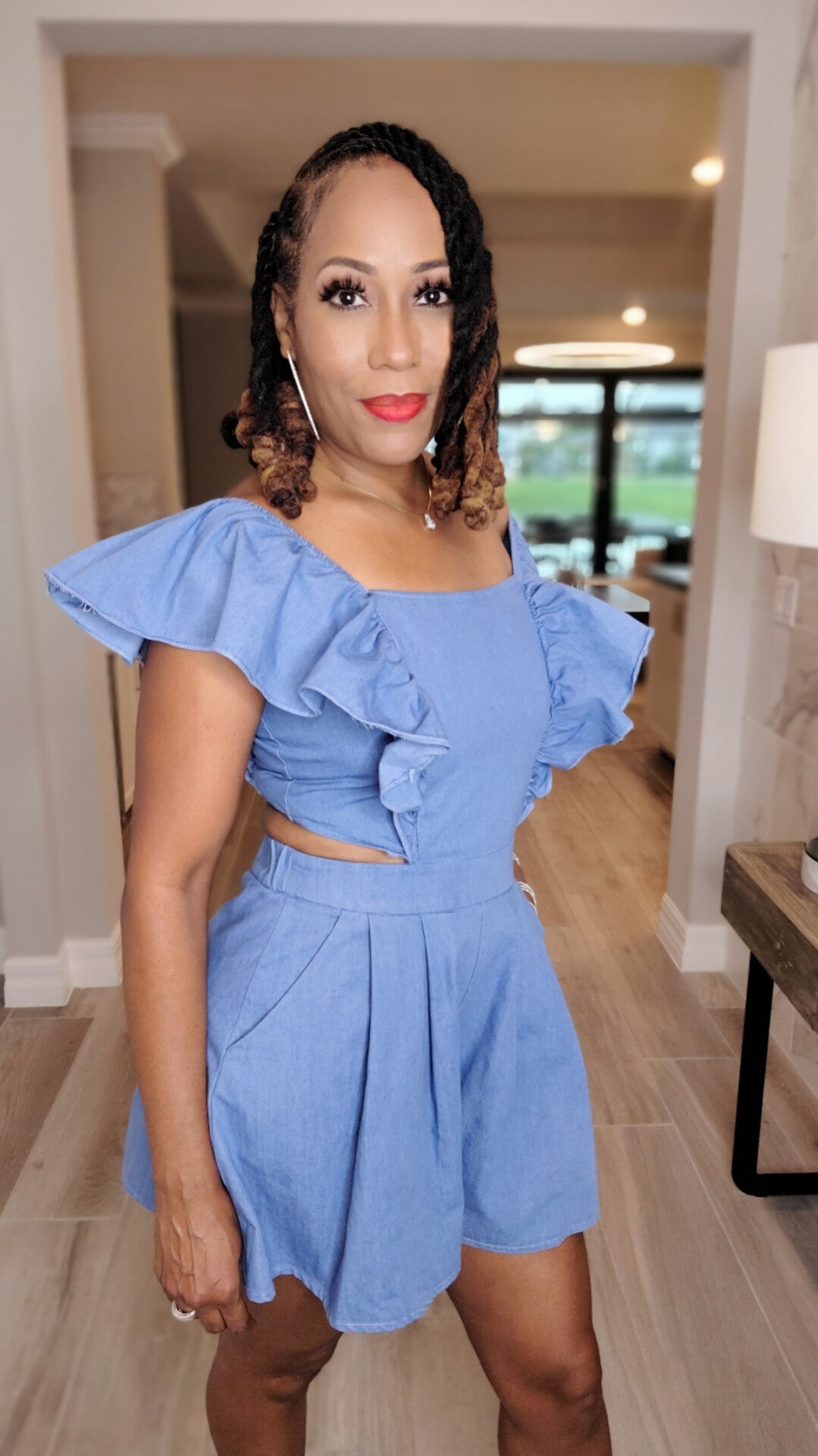 Miss Prissy Denim Ruffled Romper – Medium Wash Cut-Out Romper with Elastic Waist