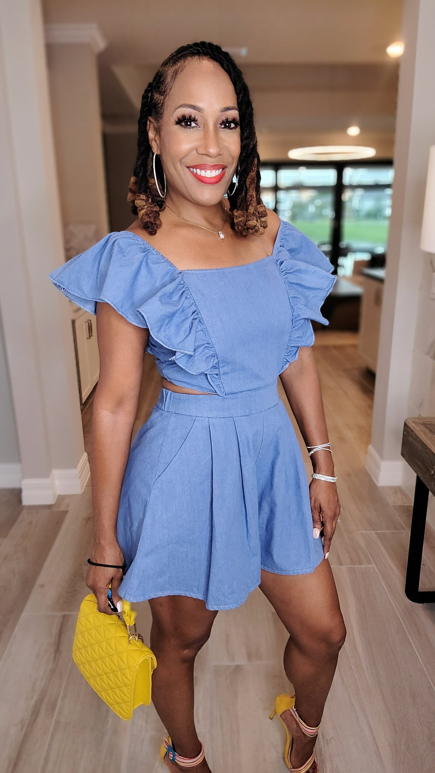 Miss Prissy Denim Ruffled Romper – Medium Wash Cut-Out Romper with Elastic Waist