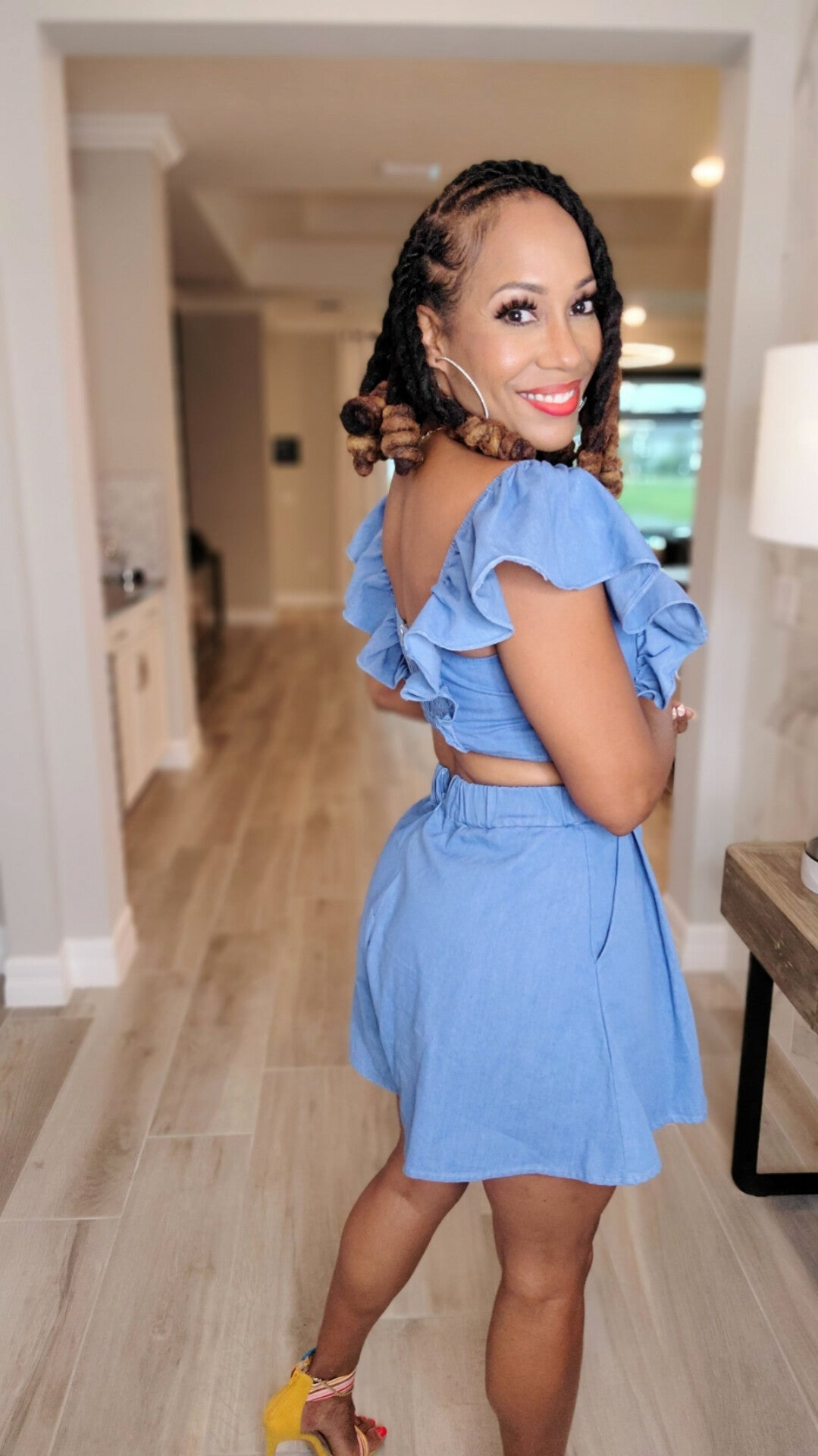 Miss Prissy Denim Ruffled Romper – Medium Wash Cut-Out Romper with Elastic Waist