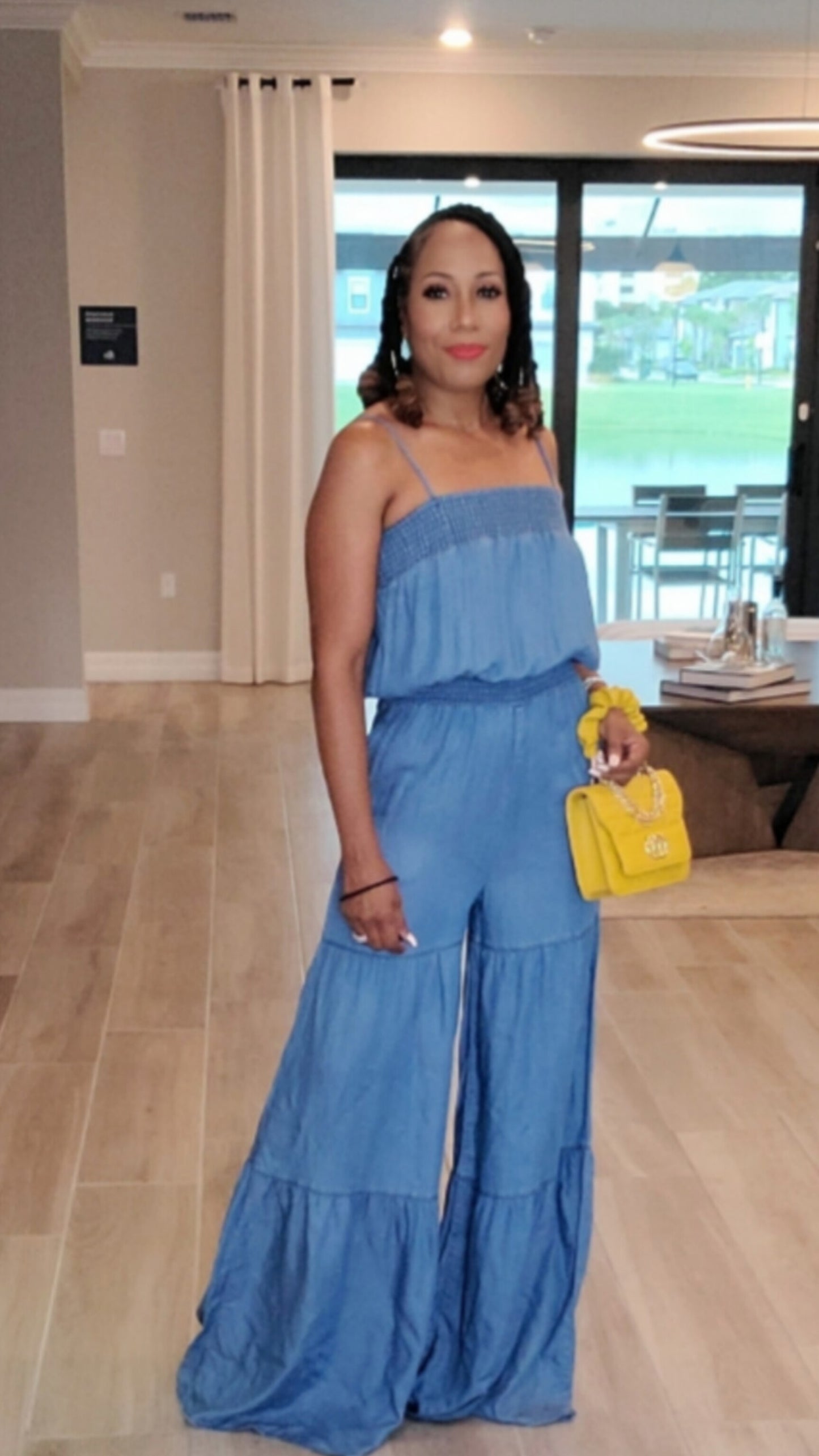 Classic Denim Palazzo Jumpsuit – Adjustable Straps & Wide Leg