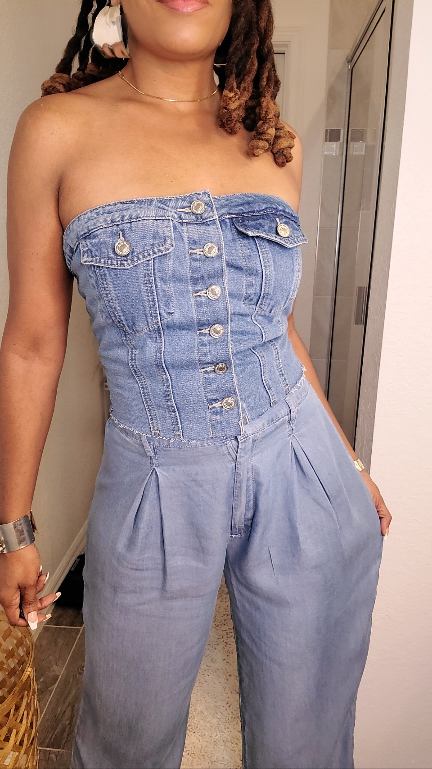 Denim Pants – Wide Leg Palazzo Pants with Stretch Waist