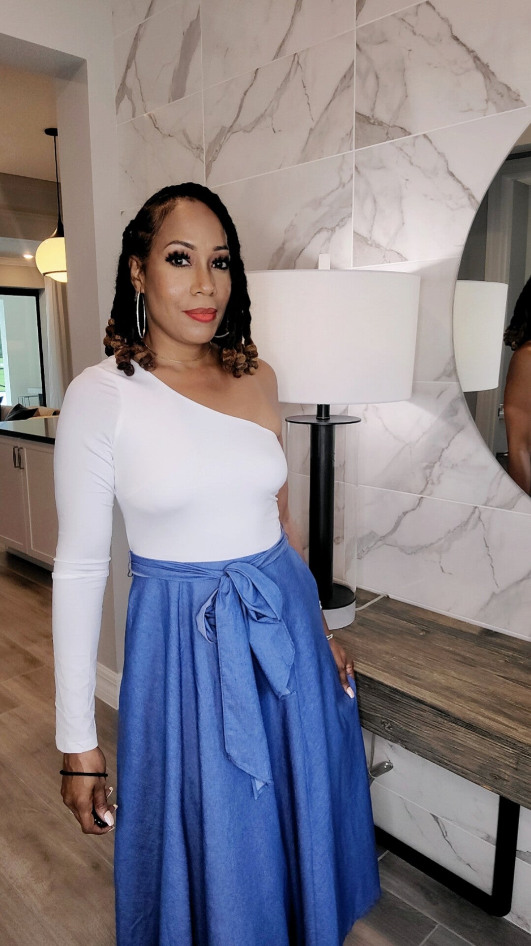 My Way One Shoulder Denim Maxi Dress – A-Line Midi Dress with Front Pockets