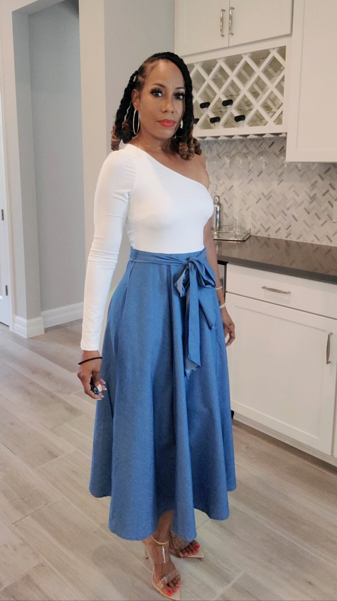 My Way One Shoulder Denim Maxi Dress – A-Line Midi Dress with Front Pockets