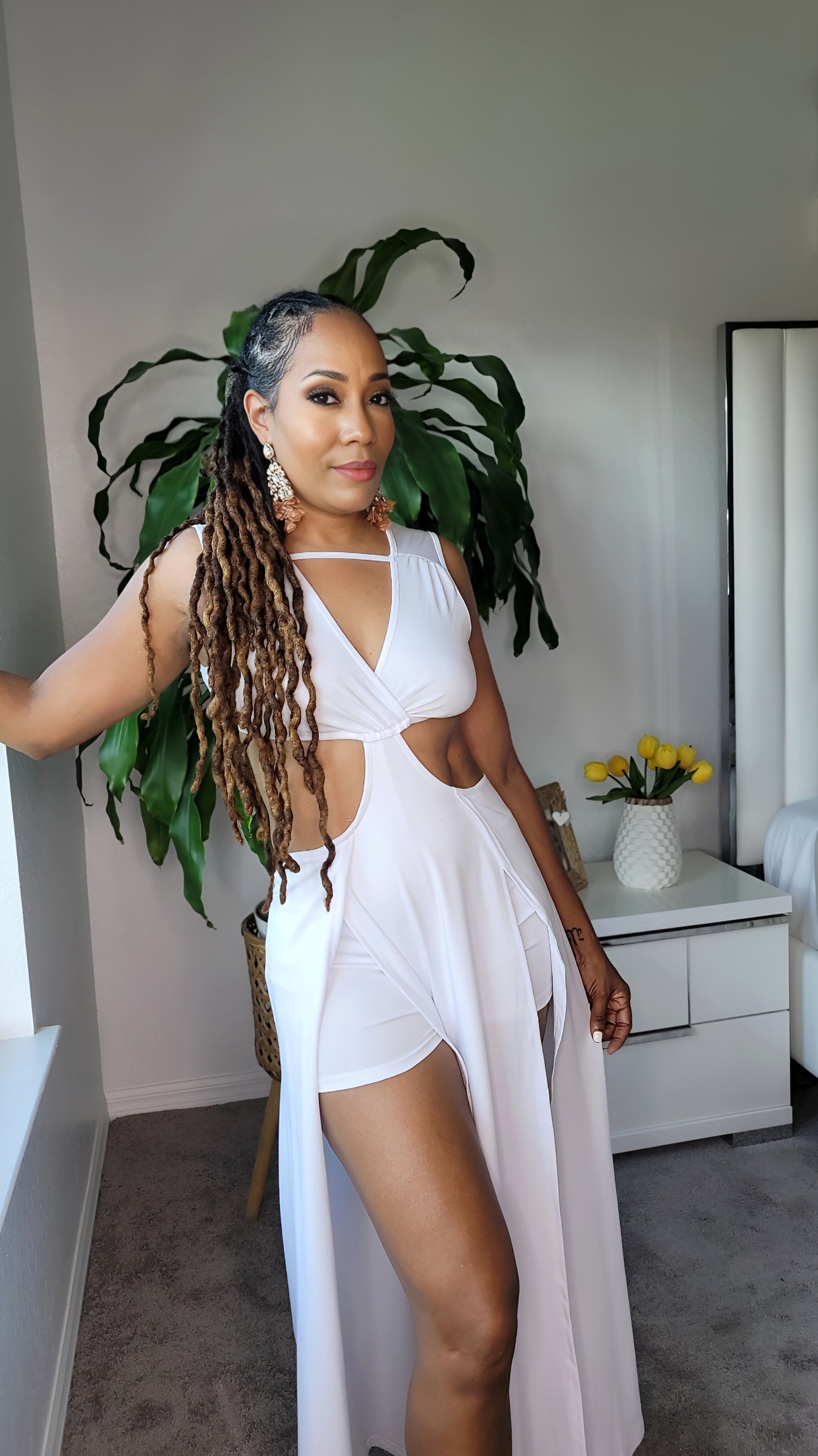 Cruising Cut Out Thigh Slit Maxi Dress – Sleeveless Vacation Maxi with Shorts (White & Orange)