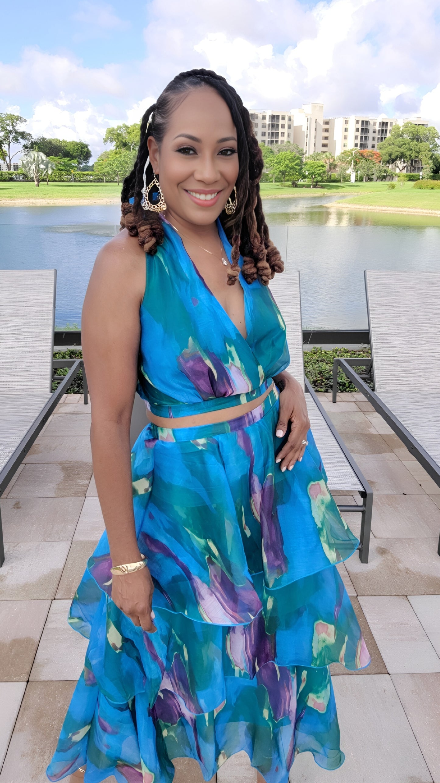 Caribbean Blues Ruffled Skirt Set – Sleeveless Halter Crop Top with Layered Midi Skirt