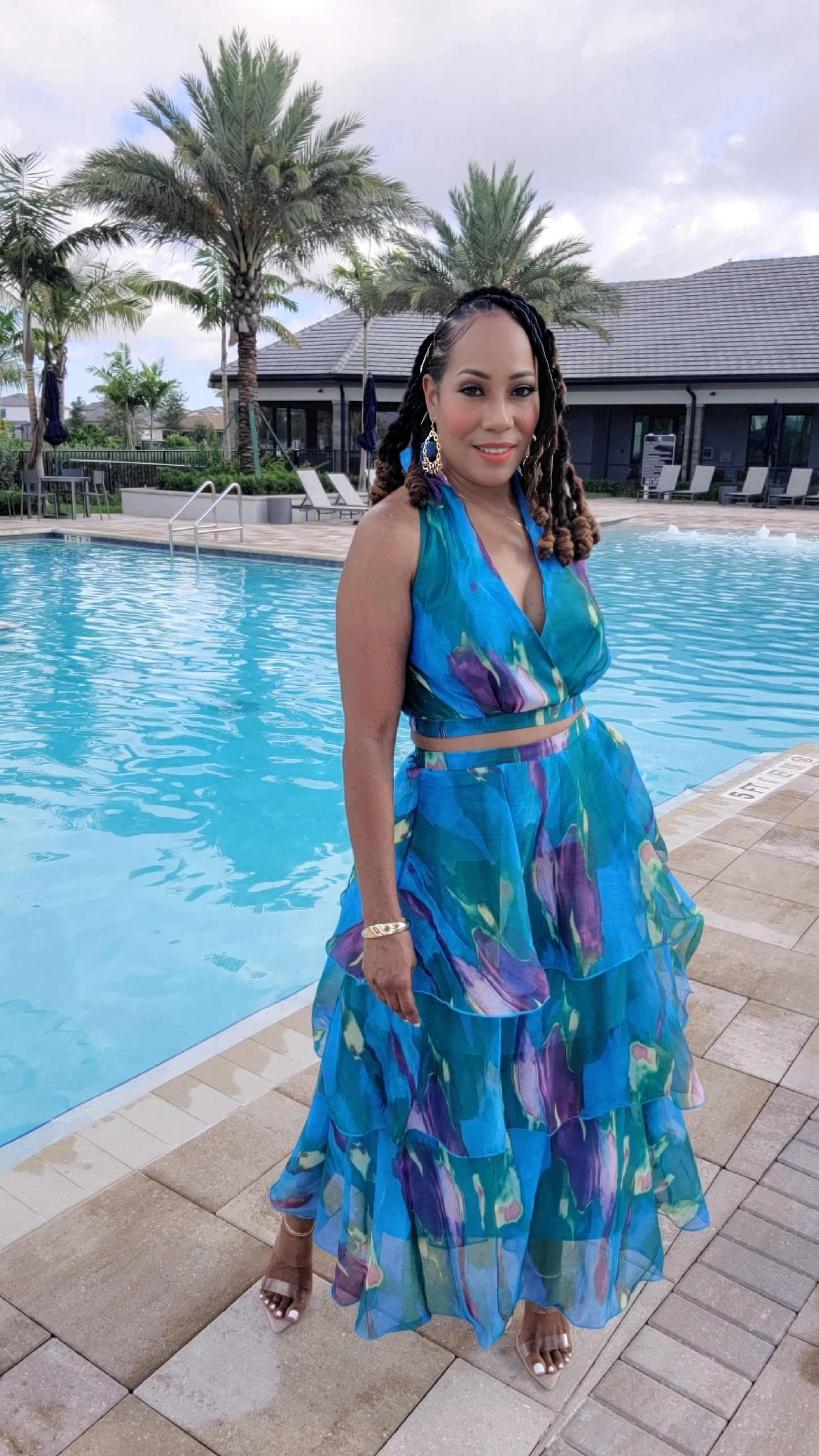 Caribbean Blues Ruffled Skirt Set – Sleeveless Halter Crop Top with Layered Midi Skirt
