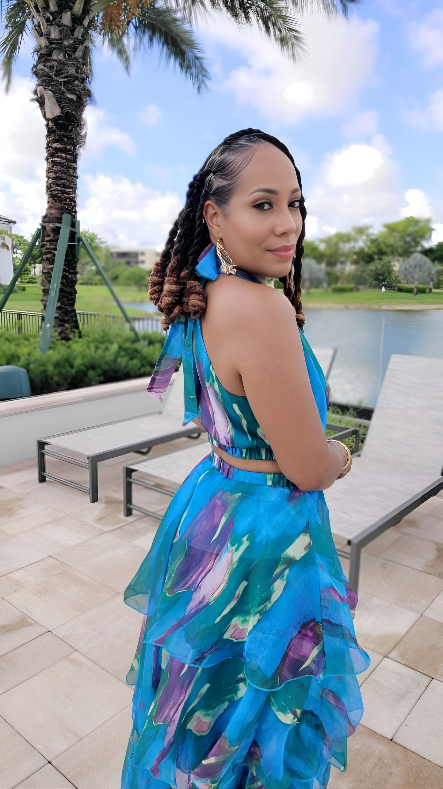 Caribbean Blues Ruffled Skirt Set – Sleeveless Halter Crop Top with Layered Midi Skirt
