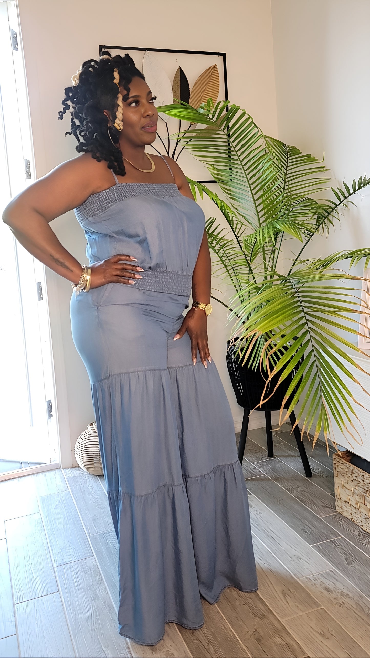 Classic Denim Palazzo Jumpsuit – Adjustable Straps & Wide Leg