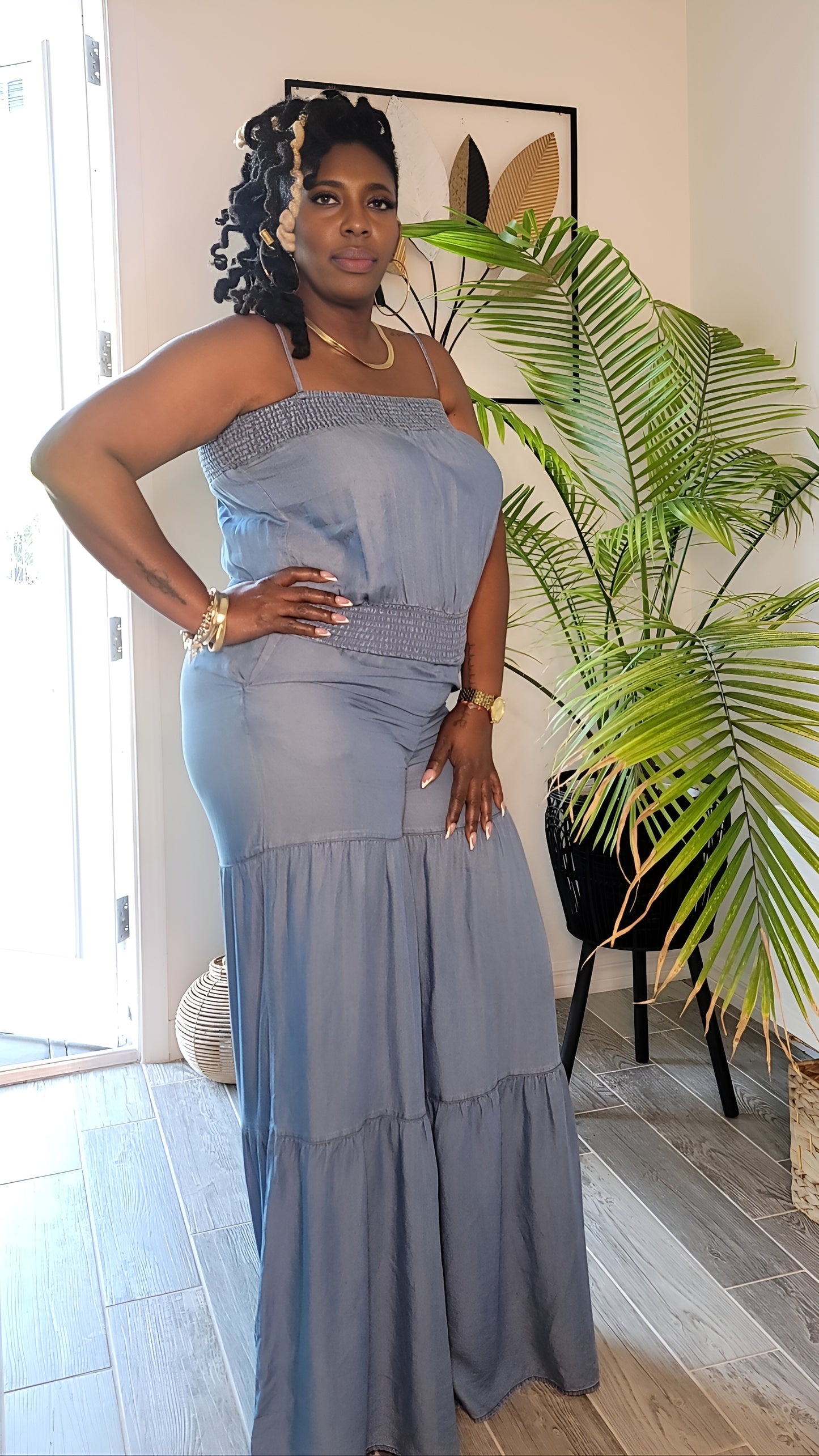 Classic Denim Palazzo Jumpsuit – Adjustable Straps & Wide Leg