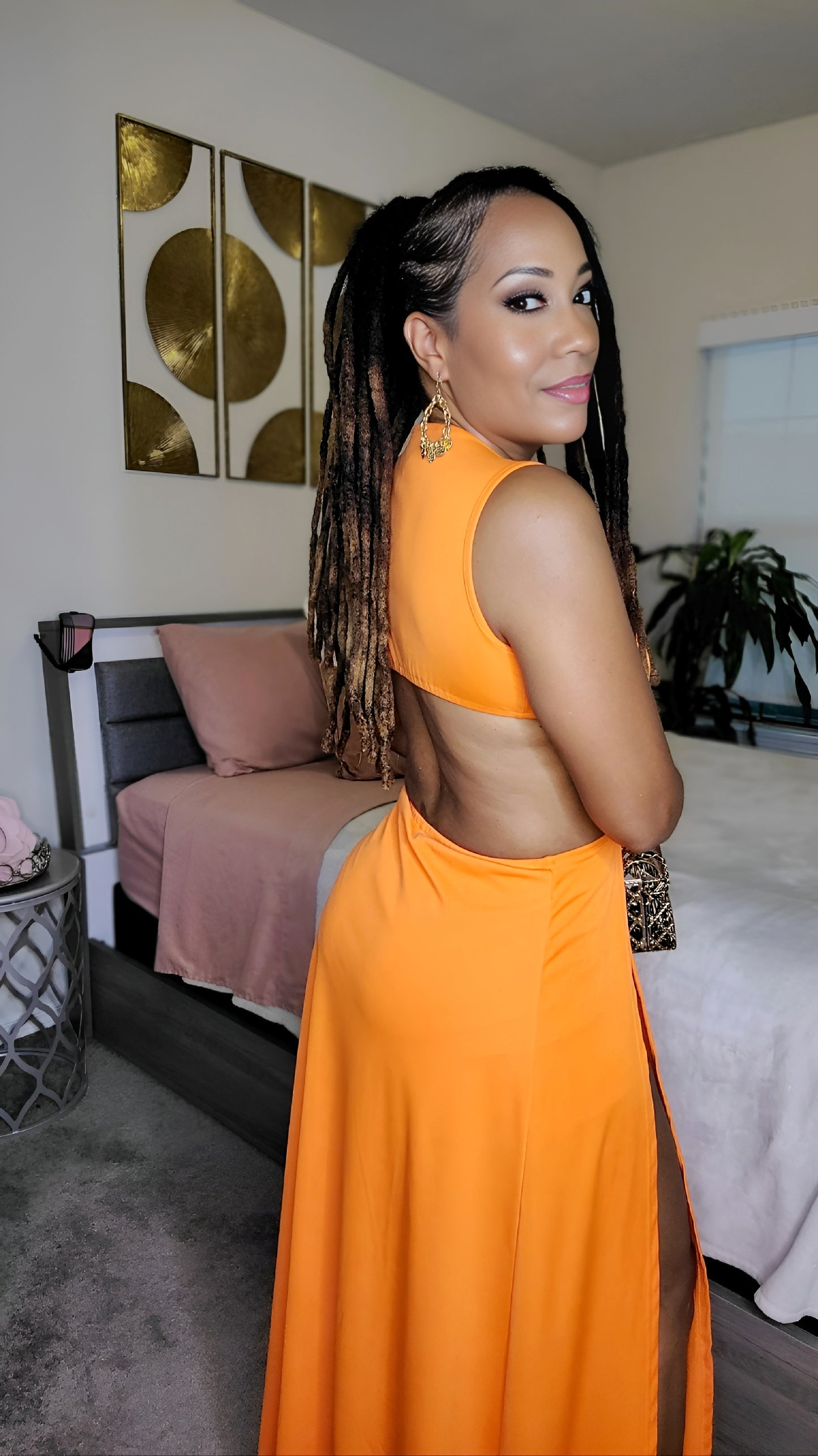 Cruising Cut Out Thigh Slit Maxi Dress – Sleeveless Vacation Maxi with Shorts (White & Orange)