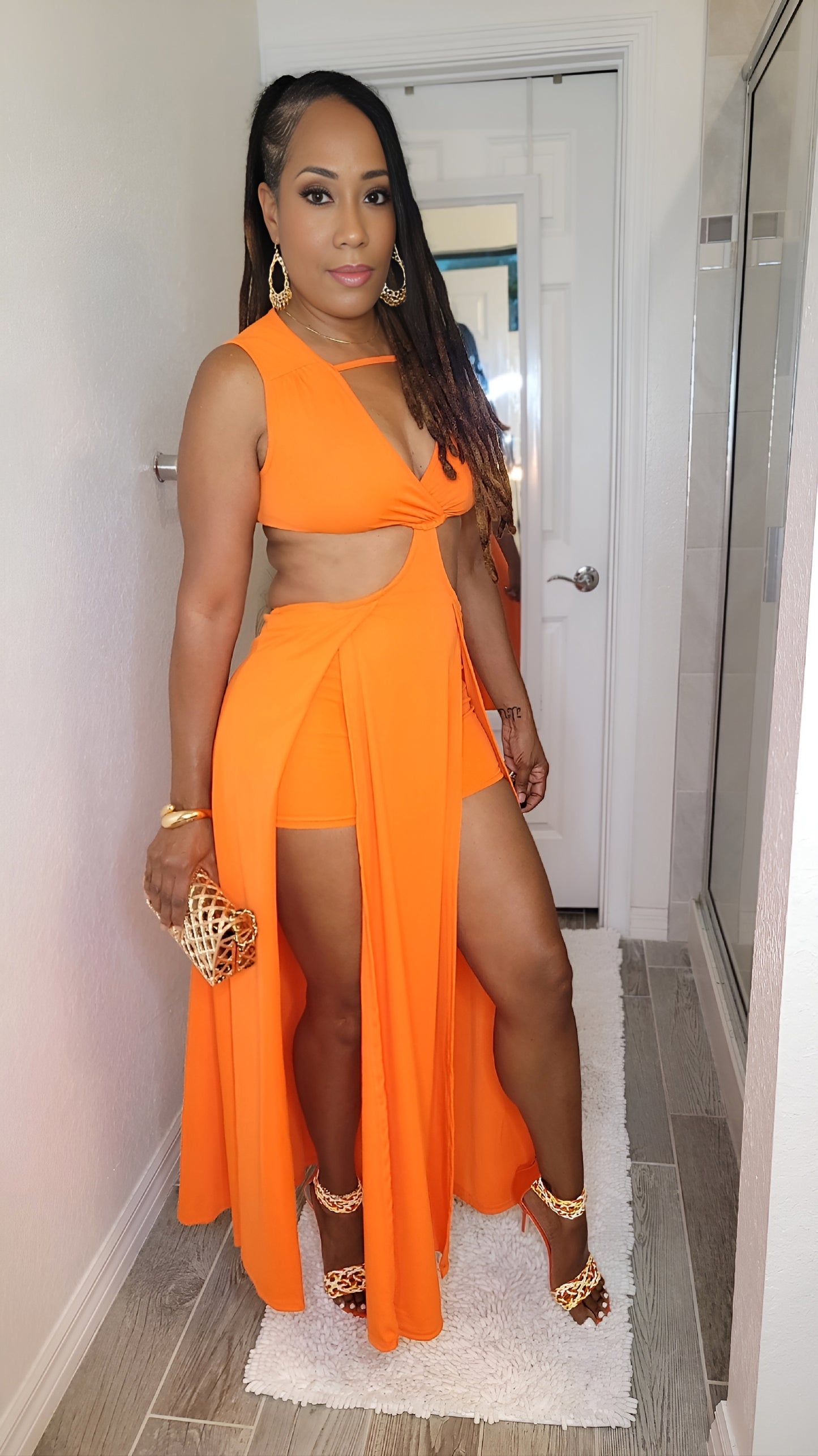 Cruising Cut Out Thigh Slit Maxi Dress – Sleeveless Vacation Maxi with Shorts (White & Orange)