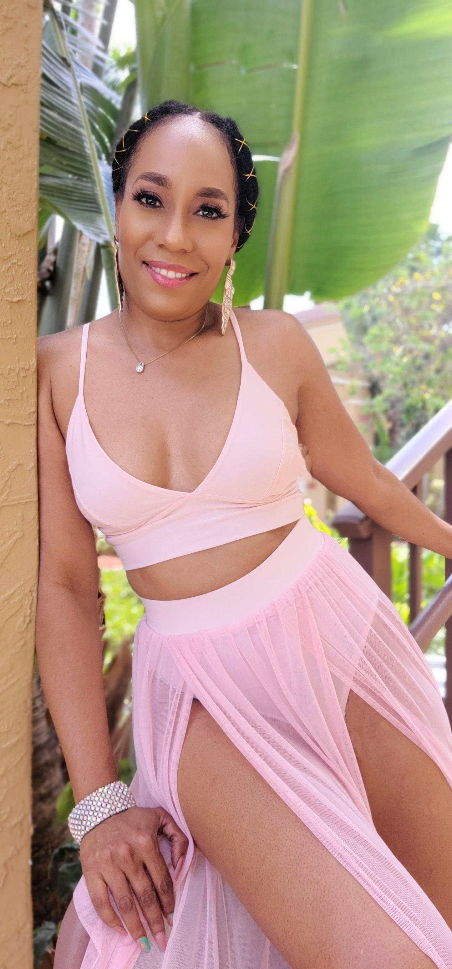 Out & Bad Two-Piece Tank Top & Mesh Skirt Set| Dusty Pink