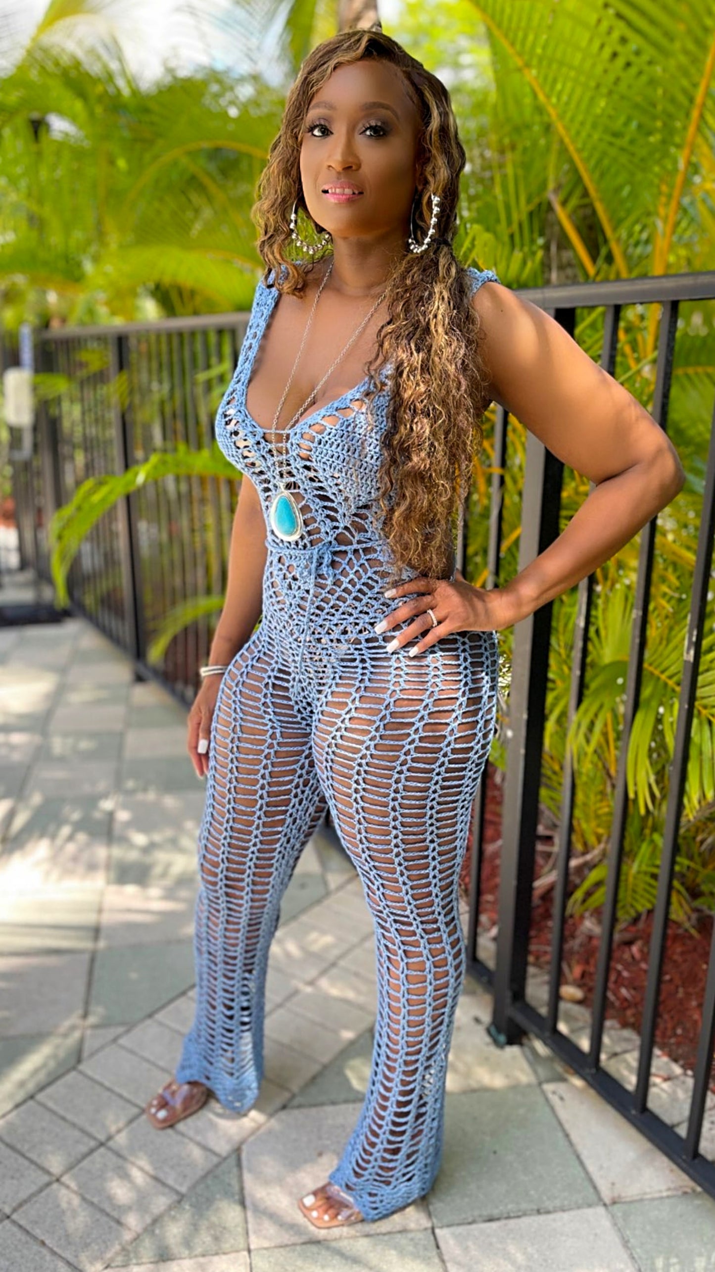 Issa Take Over Crochet Coverup Jumpsuit | Denim Blue