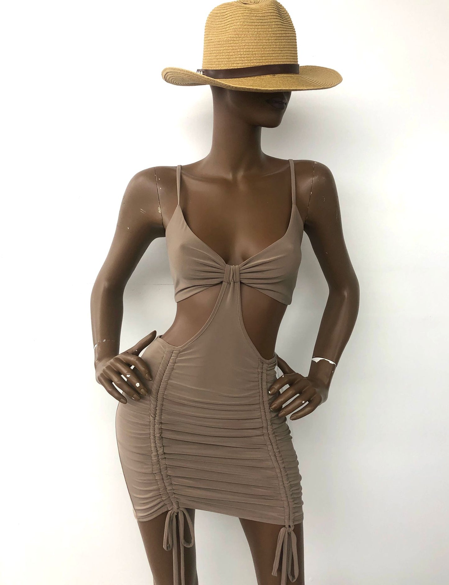 Cut Up Sis Ruched Mini Dress | Beige & Black