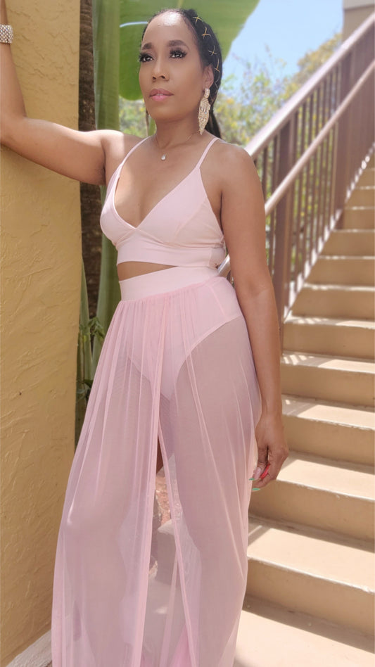 Out & Bad Two-Piece Tank Top & Mesh Skirt Set| Dusty Pink