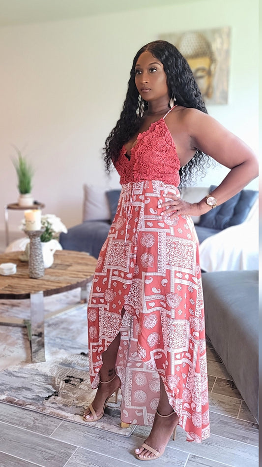 Out Brunching Crochet Hi- Lo Maxi Dress | Rust