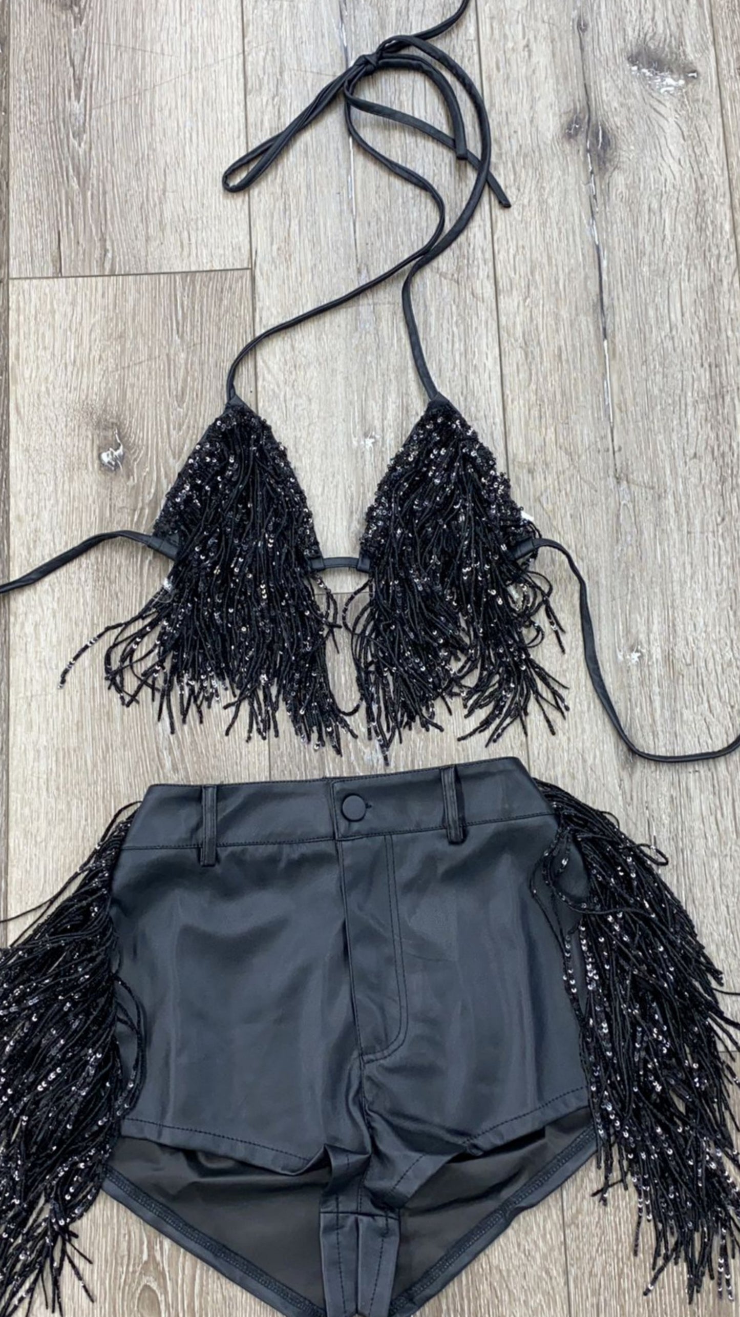 Tina Leather & Sequins Short Set | Black