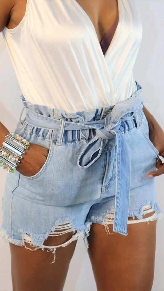 Paperbag Mom Denim Shorts | Light Wash