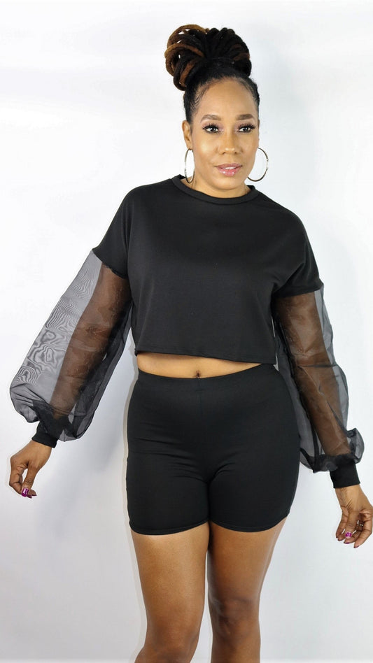 Organza Puff Sleeve Biker Short Set | Black