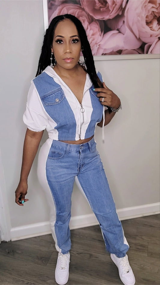 Touch of Denim Jogger Set | White