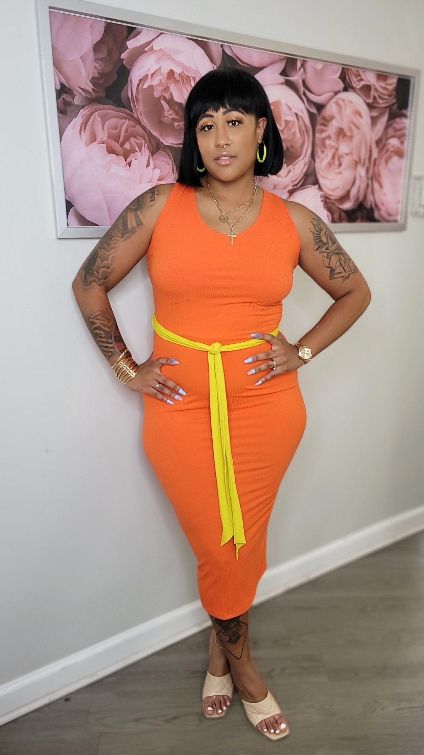 Tangy Tangerine Midi Plus size Dress