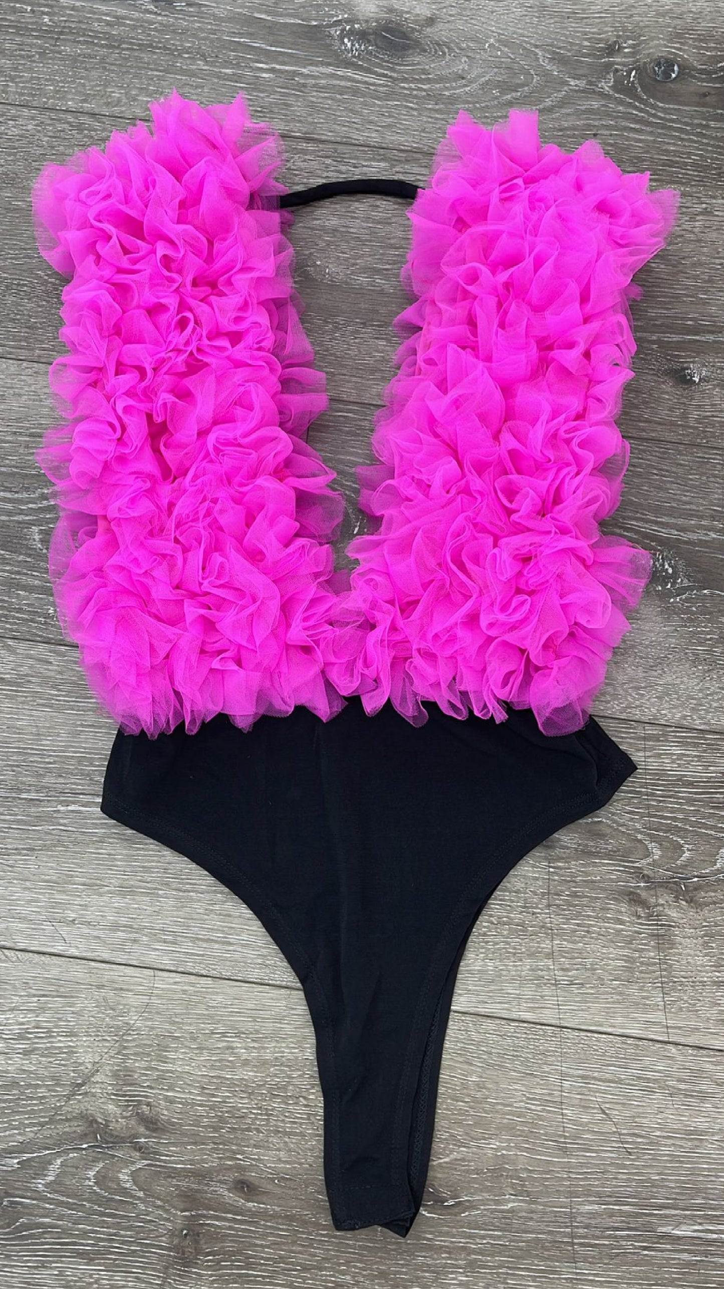 Ruffled Tulle Bodysuit – Deep V Plunge | Vanilla & Hot Pink