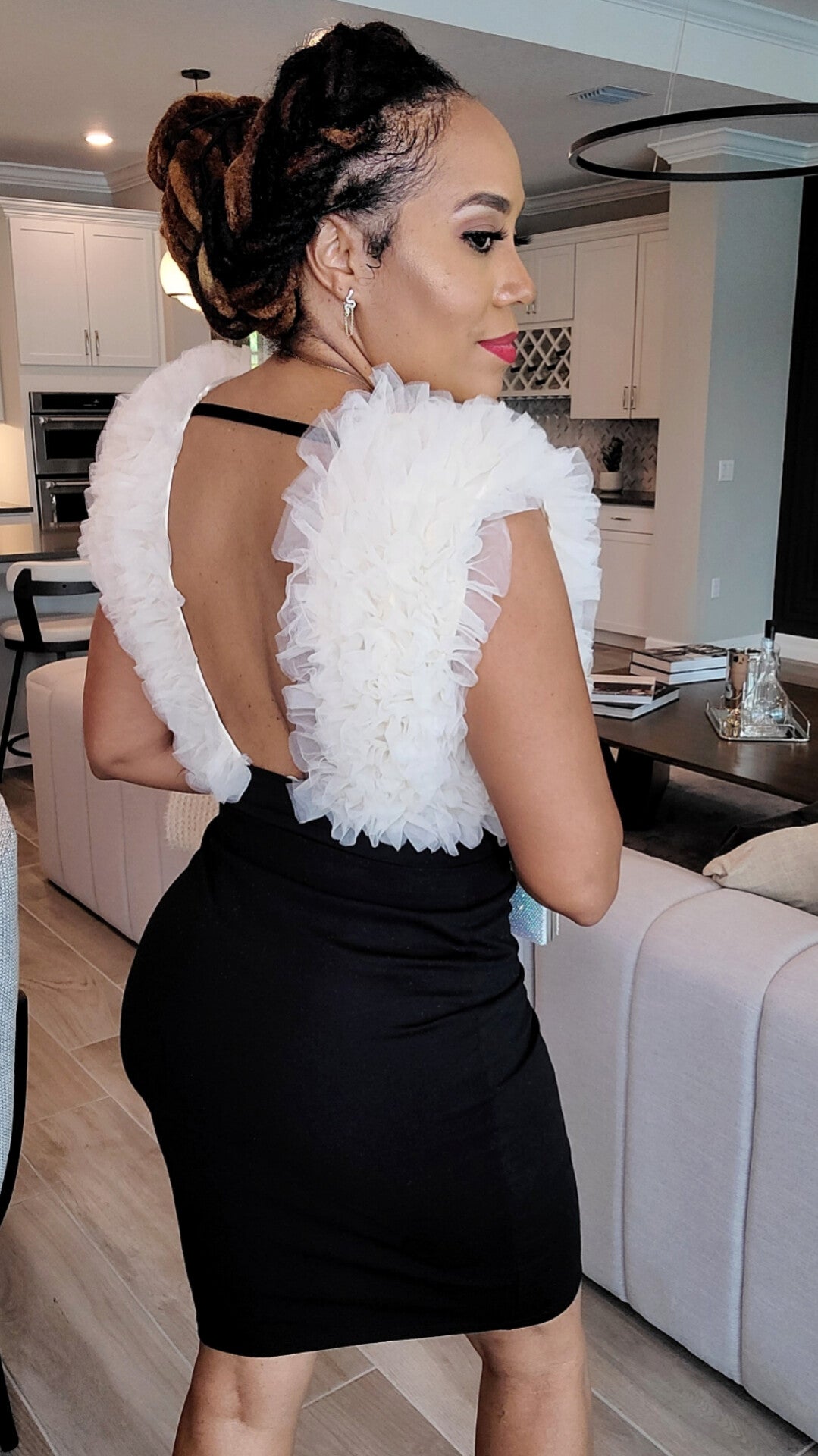 Ruffled Tulle Bodysuit – Deep V Plunge | Vanilla & Hot Pink