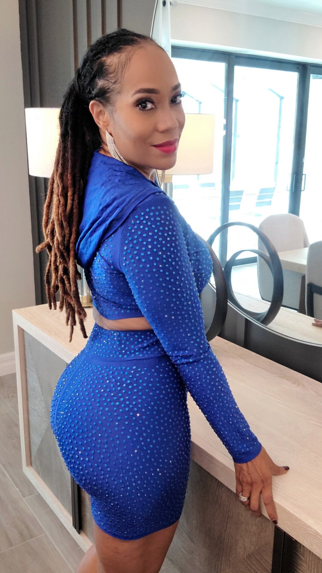Rhinestone Crop Top & Vibrant Blue Biker Shorts Set
