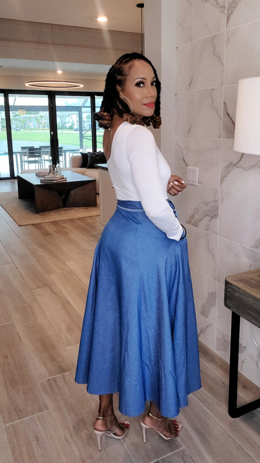 My Way One Shoulder Denim Maxi Dress – A-Line Midi Dress with Front Pockets