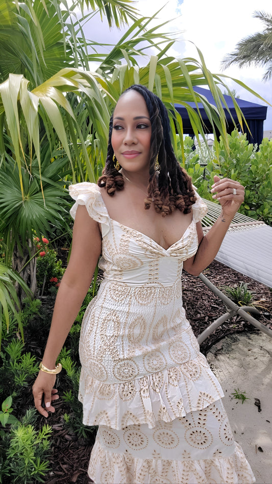 Ciao Eyelet Maxi Dress in Beige – Off-Shoulder Ruffle Layered Evening Dress