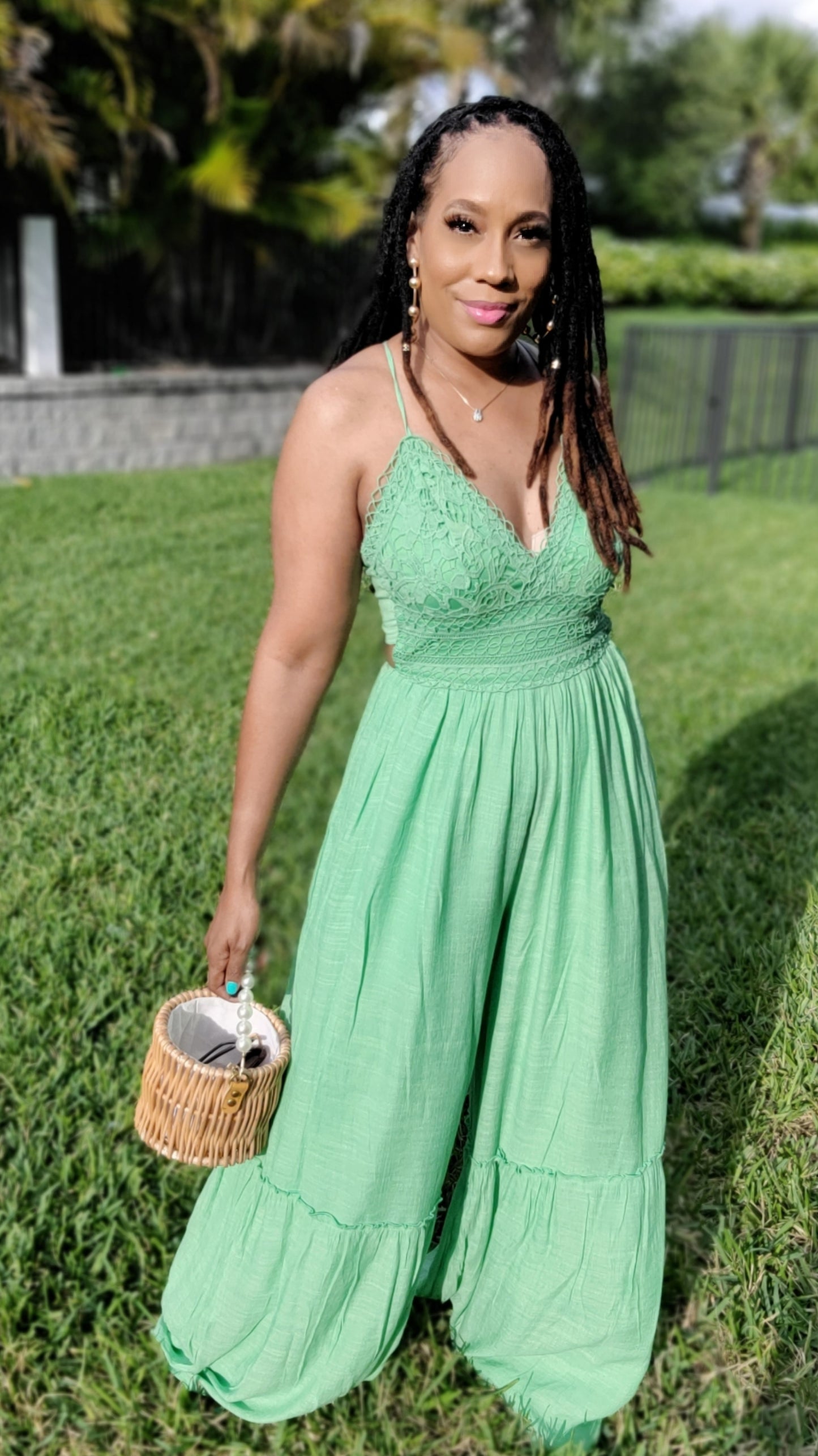 Caribbean Love Crochet Palazzo Jumpsuit | Green