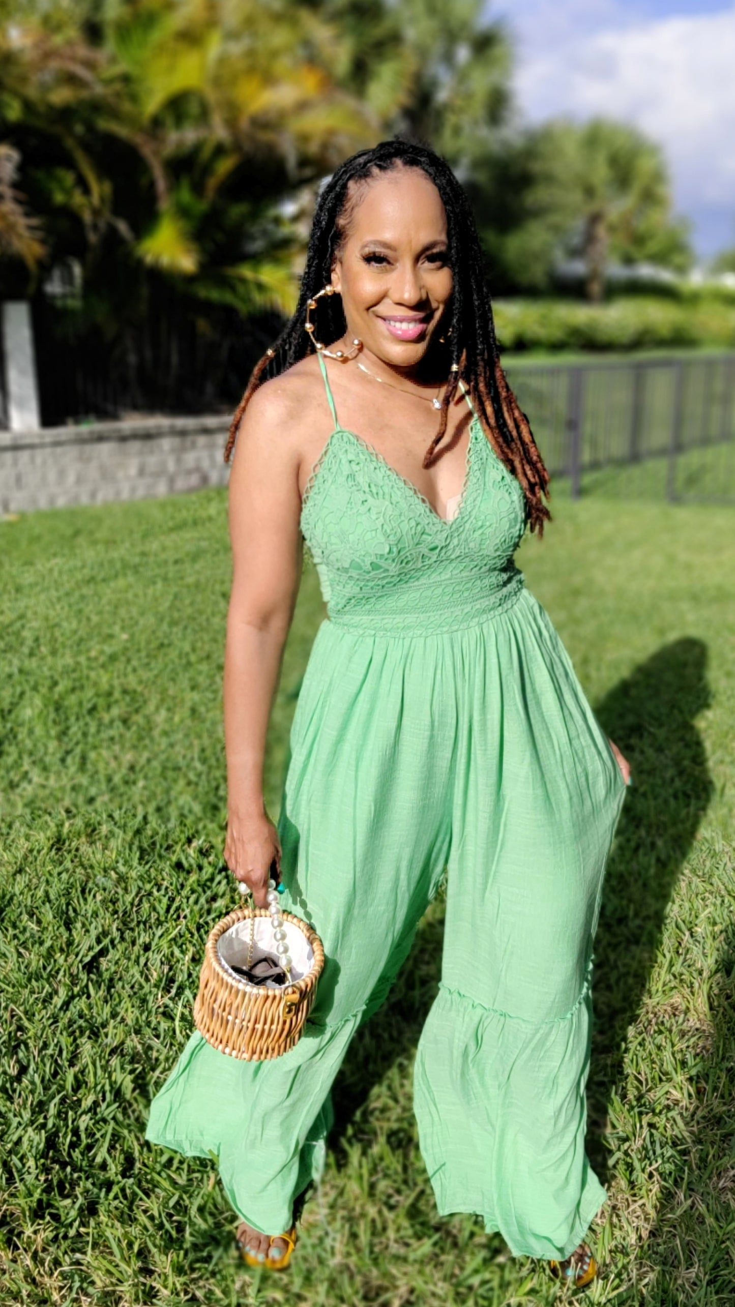 Caribbean Love Crochet Palazzo Jumpsuit | Green